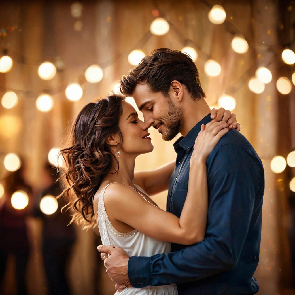 A passionate couple dancing close, their eyes locked with expressions of devotion and flirtation, surrounded by soft, glowing lights that symbolize warmth and love. The scene captures the fluidity of their movement, emphasizing connection and intimacy. The background features soft bokeh effects, creating a dreamy atmosphere, with hints of roses and hearts subtly incorporated. oil painting. warm hues. enchanting mood.