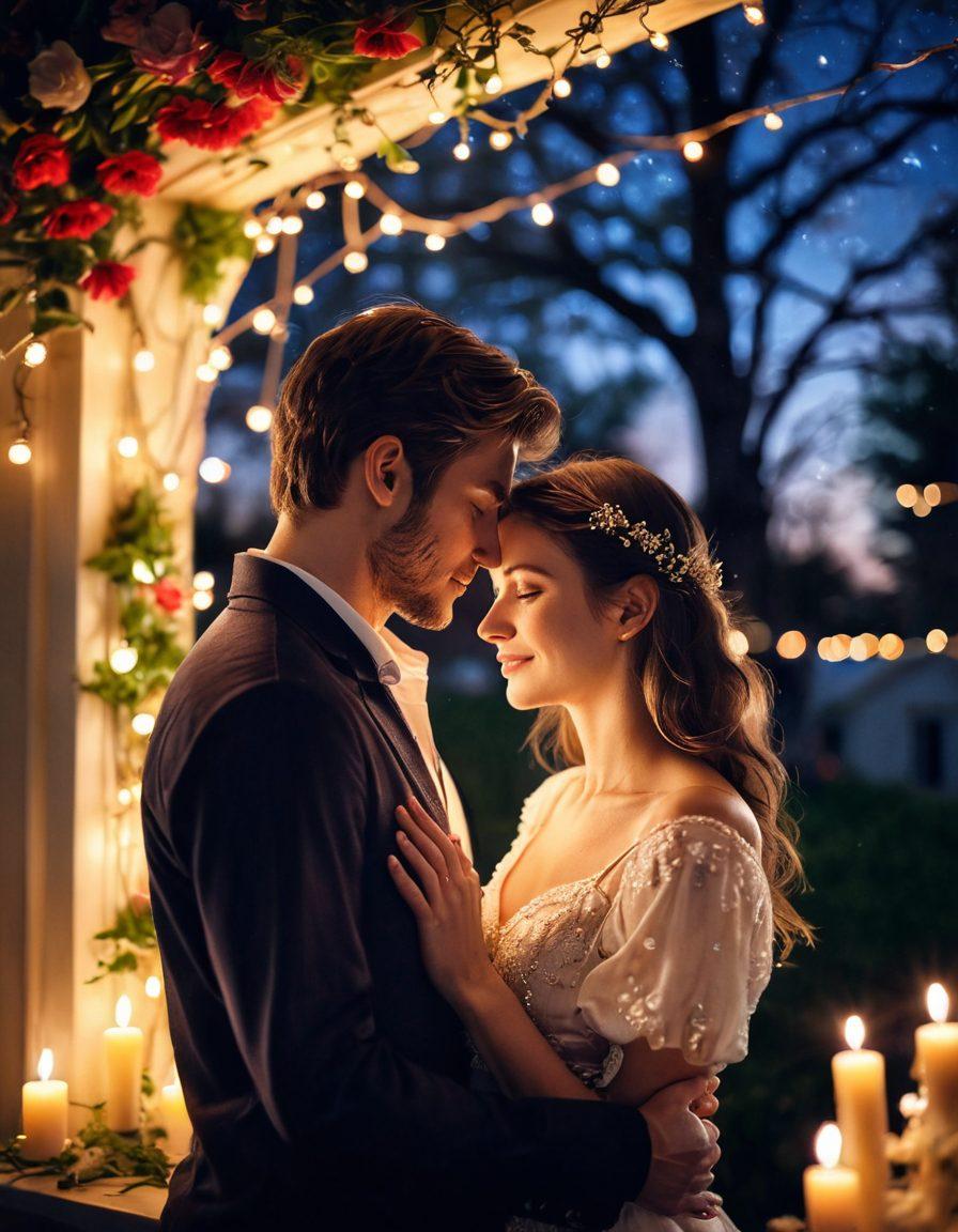A passionate couple embracing under a starlit sky, with soft glowing candles illuminating their faces, symbolizing romance and intimacy. Surround them with delicate flowers and twinkling fairy lights, creating a dreamy atmosphere. Incorporate warm colors to evoke feelings of love and desire. vibrant colors. dreamy style. soft focus.